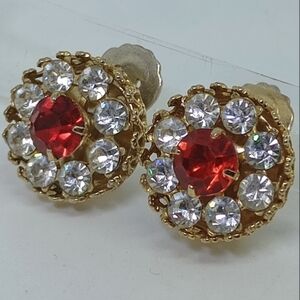 * Vintage Coro Red & Clear Rhinestones Gold Tone Filagree Clip On Earrings
